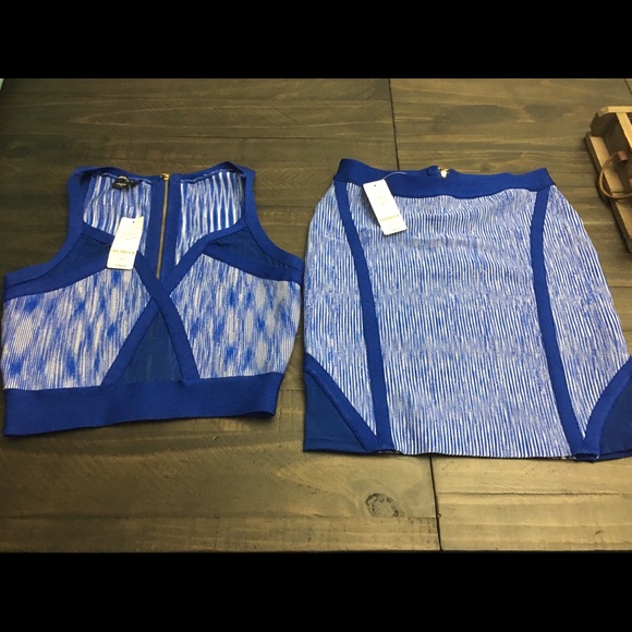 BEBE. Blue and white two piece bodycon skirt & top - Picture 8 of 8